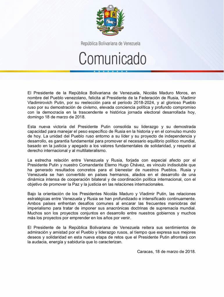 comunicado embajada bolivaraiana elección Putin